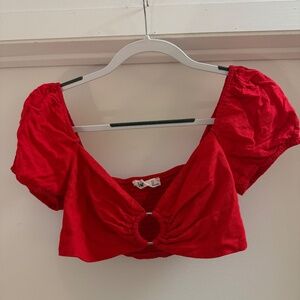Red O-ring crop top with puff sleeves
